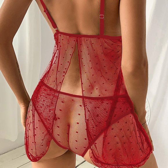 BUNDLE OF 2 Red Crochet Lace Bowknot Dot Mesh Slit Babydoll - Picture 3 of 3